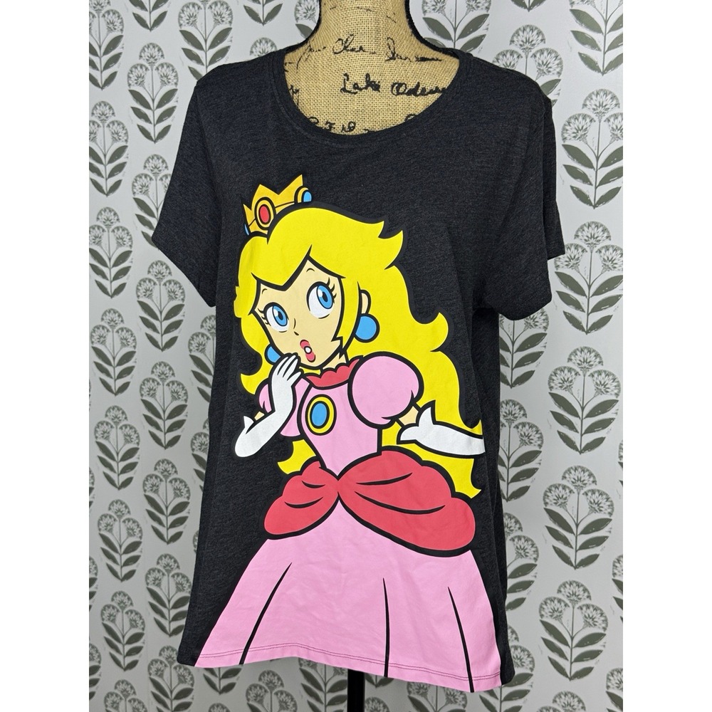Nintendo Super Mario Princess Peach Graphic Print Crew Neck T-Shirt Gray XL